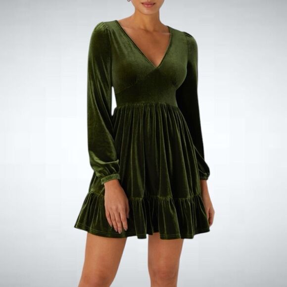 Halara Dresses & Skirts - Size M Halara Everyday Deep V Neck Long Sleeve Ruffled Hem Velvet Mini Chill Par